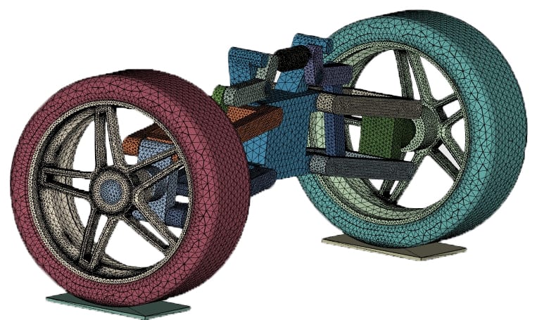 This image has an empty alt attribute; its file name is Wishbone.jpg
Figure 7: Example application of FEA – Axle. Observe mesh on critical parts being refined to capture sensitive quantities like stresses and strains.