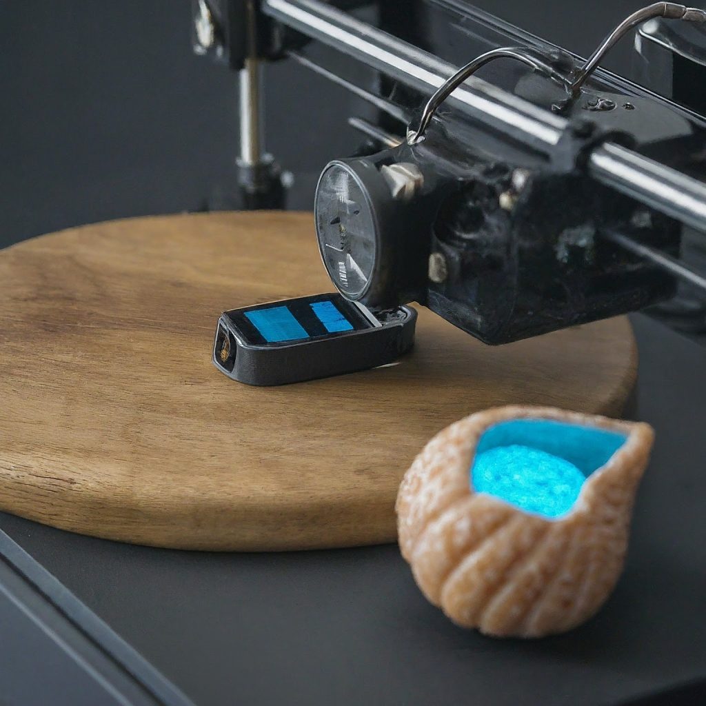 A 3D printer extruding material to form a black, wristband-shaped health monitor and a realistic seashell with a blue light emanating from inside.
