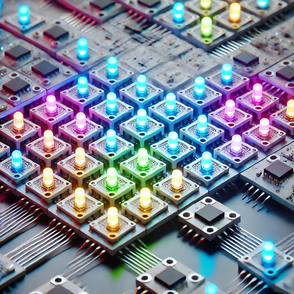 Close-up of a modular LED matrix with 8 mm addressable LEDs (WS2812D) connected by magnetic connectors, displaying a simple animation.